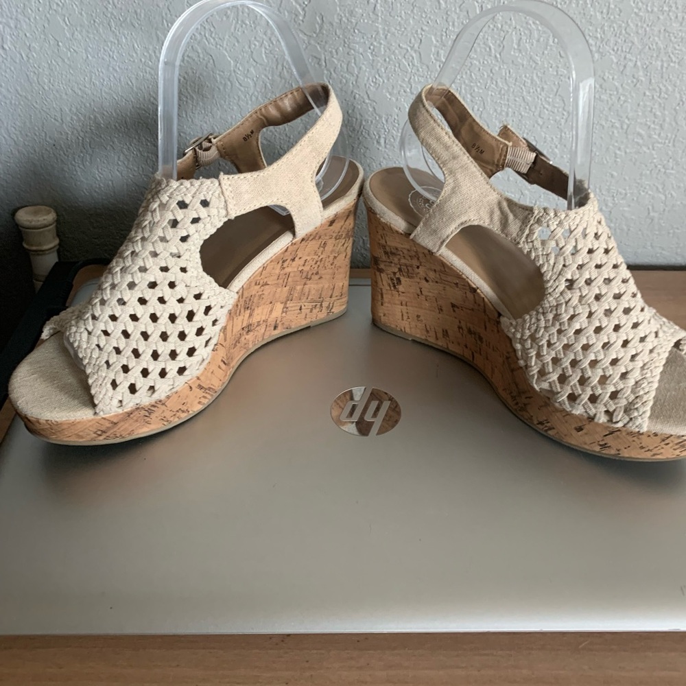 SO macrame type sandals wedge heel size 8.5